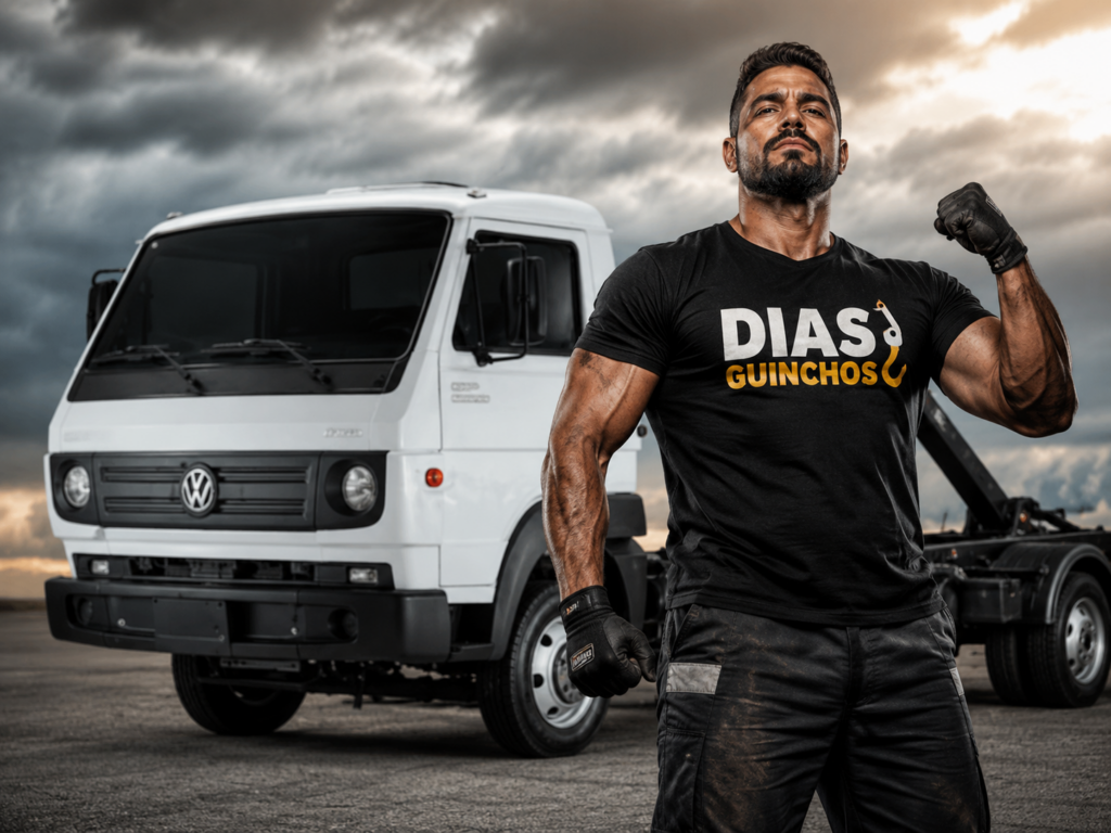 Guincho com um homem na frente com a camiseta escrita Dias Guinchos